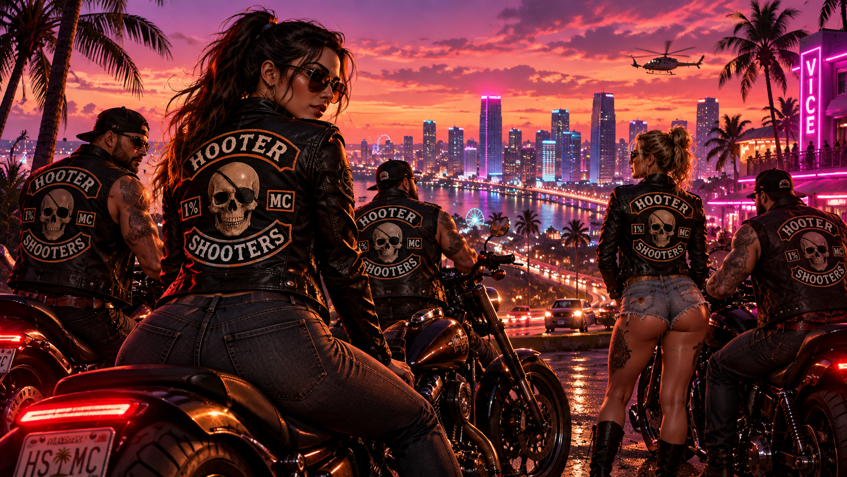 Hooter Shooters biker club overlooking a neon-lit city
